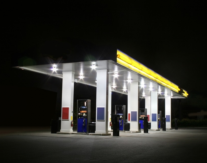 Gas station with area lights